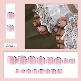 French Short False Toenails - French Brown Leopard Edge Toe Nail Tips - 24pcs Press On Toe Nails - Glossy Stick On Toe Nails with Glue - Full Cover Toe Nail Tips for Women Nails Art Manicure