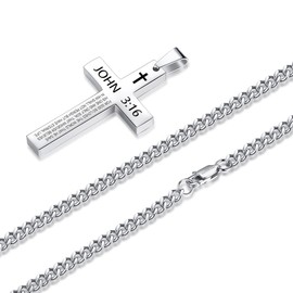 REVEMCN Inspirational Bible Verse Cross Necklace for Men Boys, Stainless Steel Plain Black Silver Cross Pendant Necklace for Men 20-24 Inches Curb Chain Faith Jewelry Gift (John 3:16 - Silver, 20)