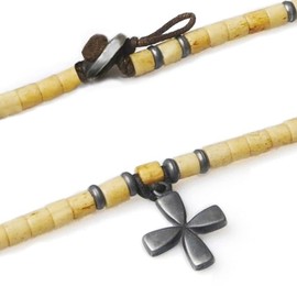 LOCAL LEAGUE Mens Beaded Surfer Necklace with CROSS Metal PENDANT Light Beige Bead String for Men Australian Beach Style SURFING Holiday Party Trip Festival Boyfriend 19"/ 48.5cm