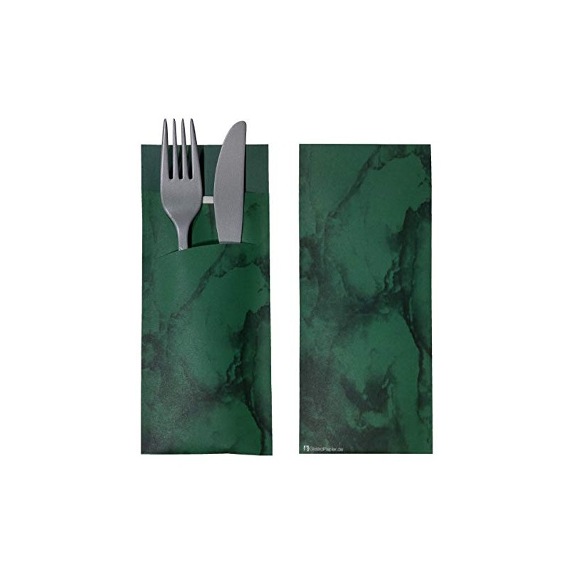 30 Cutlery Pockets with Napkin Dark Green Marbled 20 cm