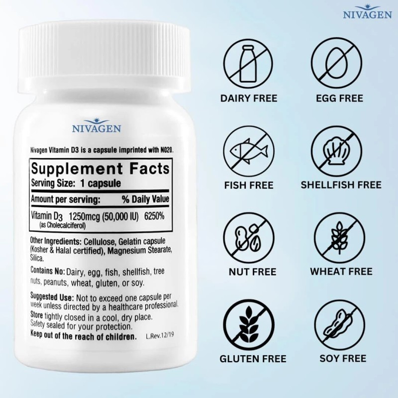Nivagen Vitamin D3 50000 IU 100 Capsules Weekly Dose Halal