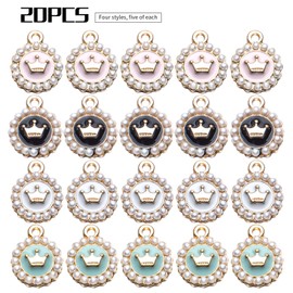 Enamel Pearl Crown Charms, 20pcs Enamel Pearl Round Crown Charms Alloy Colorful Crown Pendants for DIY Necklaces Bracelets Jewelry Making Craft Supplies, Black, Pink, White, Green, 13x16mm