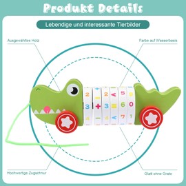 Aleevii Pull-along toy crocodile sliding toy made of wood toy from 1 year old arithmetic learning motor skills toy for toddlers