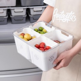 Divided Serving Tray with Lid, Snackle Food Storage Containers with Drain Holes 4 Compartment Food Fridge Refrigerator Platter Veggie Holder For Candy, Fruits, Nuts,Party, Entertaining, Picnic (White)