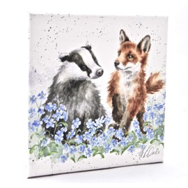 Wrendale Designs Fox and Badger Print on White Square Canvas 20 Centimetre Forget Me Not