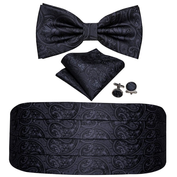 YOHOWA Men Cummerbund Paisley Black Pre-Tied Bow Tie Set Silk