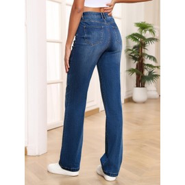 Sidefeel Women's Straight Leg Jeans High Waisted Stretchy Elastic Waist Trendy Wide Leg Denim Pants Dark Blue Size 6