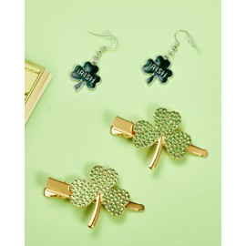St. Patrick's Day Accessories for Women - Shamrock Earrings and Green Hair Clips Set, Includes 1 Pair of Green Shamrock Irish Alloy Dangle Earrings and 2PCS Clover Rhinestone Alloy Hair Clips