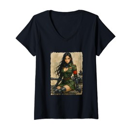 Womens Cyborg Woman in Military Uniform Fantasy Cyberpunk V-Neck T-Shirt