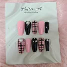Black & Pink Teen Check Handmade Nail Tips - Long Ballet / 블랙&핑크 하이틴 체크 수제네일팁 - 롱발레