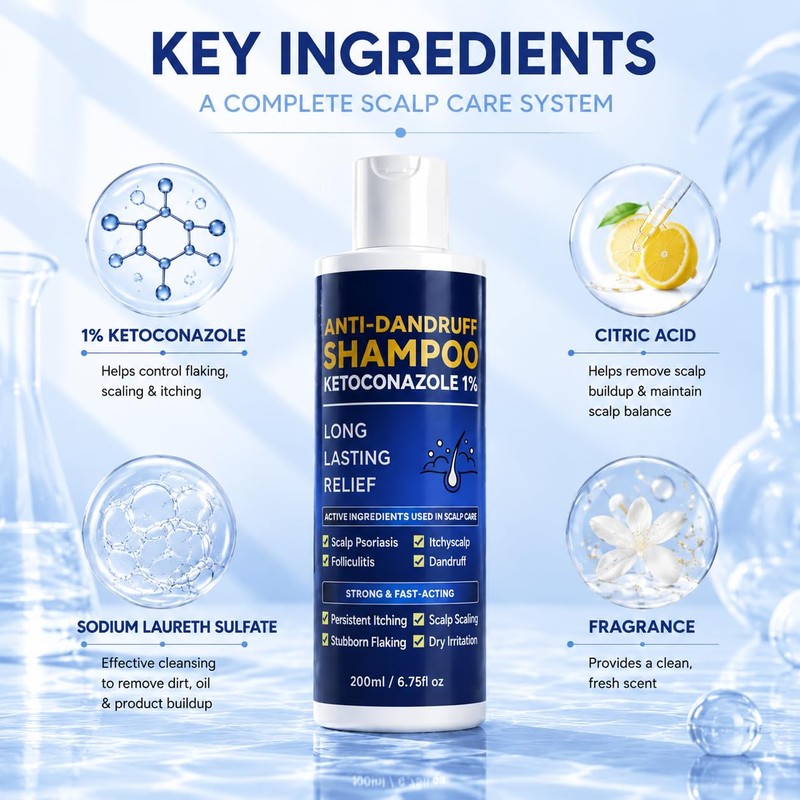 Ketoconazole 1% Anti-Dandruff Shampoo Itchy Scalp Flake Control 200ml
