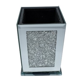 Crushed Diamond Silver Sparkle Square Flower Pot Vase with Floral Design, Crystal Ceramic Ornament, 15cm, Silver