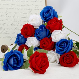 24 Roses Artificial Flowers 4th of July Decorations, Red White and Blue Patriotic Flower Arrangement， Realistic Fake Velvet Silk Roses with Stems in Bulk for Memorial Day Centerpiece Home Decor