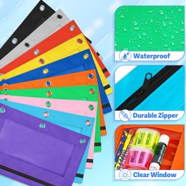 Letapapa 100 PCS Pencil Pouch for 3 Ring Binder, Zipper Pencil Pouches in 10 Colors, Durable 3 Ring Pencil Pouches with Clear Window, Binder Pencil Pouch Bulk for Classroom Office School Supplies