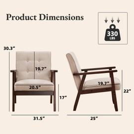 Bonzy Home Mid-Century Modern Accent Chair, Upholstered Fabric Armchair with Solid Wood Frame, Comfy Retro Leisure Chair Reading Chair for Living Room, Bedroom