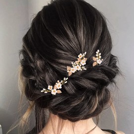 Ushiny Flowers Bridal Wedding Hair Pins Beads Hair Clip Stylists Pack of 3 Hair Accessories for Women and Girls (Gold)