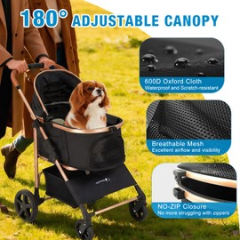 LPOTIUS Pet Stroller for Small/Medium Dogs & Cats, No-Zip Foldable Dog Stroller with Detachable Carrier, Cup Holder and Storage Basket, One-Click Fold, One-Foot Brake, 37 lbs Capacity, Black