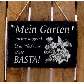 Garden Sign with Saying "Mein Garten meine Regeln, das Unkraut bleibt !" Gift Gardener Slate Decorative Sign 22 x 16 cm