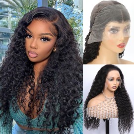 JFOOHD Water Wave Lace Front Wigs Human Hair 13x4 HD Transparent Lace Frontal Wigs Human Hair Pre Plucked 180% Density Water Wave Wig for Black Women Natural Color 24 Inch