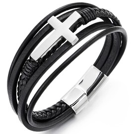 COOLSTEELANDBEYOND Mens Women Steel Horizontal Sideway Lateral Flat Cross Multi-Strand Black Leather Bangle Bracelet