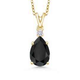 Gem Stone King 18K Yellow Gold Plated Silver Black Onyx and White Moissanite Pendant Necklace For Women | 2.84 Cttw | Pear Shape 12X8MM | with 18 Inch Silver Chain