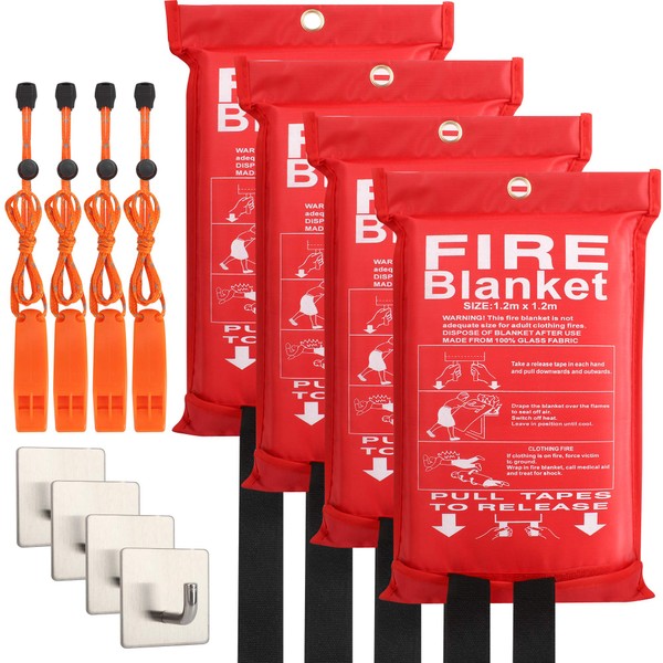 ELDAR 4-Pack Fire Blanket - X-Large Fiberglass Fire Blanket Fire Suppression Blanket - Fire Blankets Emergency for People - Fire Safety Blanket with Emergency Whistles - Fireblanket for Kitchen, Home