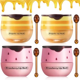 4 piezas de tarro de miel de labios de fresa y abeja, mascarilla labial de propóleo con vitamina E e hidratante para dormir, reduce eficazmente las líneas de los labios, previene la sequedad y las