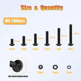 Kadrick Metric Screw Assortment, 280PCS Metric Bolt Assortment Kit M5 Machine Screws with Lock & Flat Washers, Grade 10.9 Alloy Steel Hex Socket Button Head Black Screws Nuts and Bolts Kit