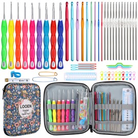 Looen Crochet Hooks Set-Yarn Needles Coloured Aluminum with Storage Case Rubbery Handle Ergonomic Comfort Grip DIY Craft Handmake Kit 64pcs