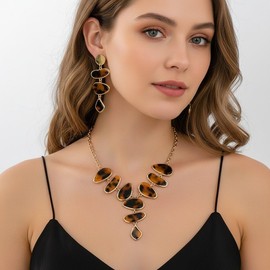 NOVYRA Leopard Earrings Necklace for Women Chunky Acrylic Leopard Irregular Geometry Oval Y- Pendant Necklace Boho Resin Statement Dangle Drop Earrings Trendy Party Jewelry Accessories for Women (AA)