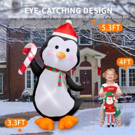 TwoBees 5FT Christmas Inflatables Outdoor Decorations Penguin Holding Candy Cane Blow Up Cute Christmas Decor Built-in LED Lights for Xmas Yard Outside Indoor Party Lawn Garden Porch Holiday