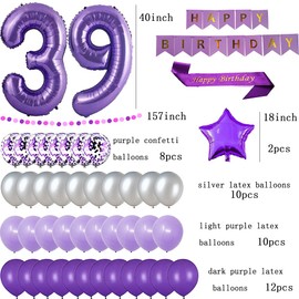 yujiaonly 39th Birthday Party Decorations Purple Happy Birthday Paper Banner Purple 40inch Number 39 Happy birthday Sash Latex and Confetti Balloons Perfect for 39 Years Old Party Supplies Balloons Number 39 Purple