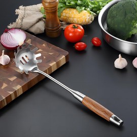 YENXIKU Stainless Steel Spaghetti Spoon - Metal Pasta Spoon with Teeth - Pasta Fork Noodle Spoon - Spaghetti Spoon Server with Wooden Handle - Kitchen Accessories - 13.8” Pasta Server, Silver
