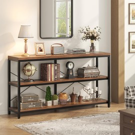 Nosepen Narrow Console Table, 55.1" Extra Long Entryway Sofa Table 3 Tier Wood Storage Shelf, Behind Couch Table for Entryway Hallway Living Room, Rustic Brown Black