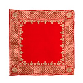 Decorative Velvet Pooja Cloth Mat Aasan Decorative Cloth for Multipurpose Indian Traditional Pooja Festival Decorations Item and Pooja Article Yellow Laxmi (Size: -15 Inches x 15 Inches) (Red)