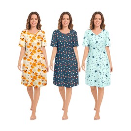 CONOMAX 3 Pack Sleepshirts Women's Nightshirt Soft Nightgowns for Women Short Sleeve dress Sleepwear(S-3X)