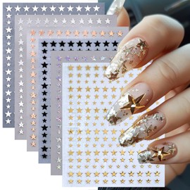 6 Sheets Star Nail Stickers for Nail Art Black White Gold Stars Nail Art Stickers 3D Self-Adhesive Celestial Nail Design Decals Rose Gold Silver Holographic Laser Pentagram Nail Decals for Women