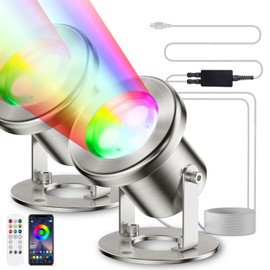 LED Pond Lights, 12W RGB SS316 Stainless Steel Dimmable Underwater Pond Light, 2x6W IP68 Waterproof Submersible Fountain Lights APP Control, 12V Outdoor Waterproof Light Transformer Timer, 26ft Cord