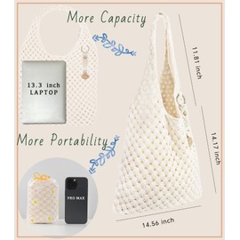 RUNROLE Crochet Tote Bag with Macrame Hat Clip for Travel Women Summer Beach Bag Aesthetic Knit Bag Cute Shoulder Bags