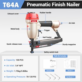 meite T64A 16 Gauge Finish Nailer, Pneumatic Finish Nail Gun, Fits 16 Gauge Finish Nails 1-1/4" up to 2-1/2", Safety & Quick Release Nose, Lightweight Air-Powered Finishing Nail Gun for Woodworking