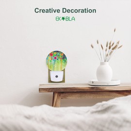 EKOBLA Green Floral LED Night Light Watercolor Wildflowers Spring Summer Green Flowers Dusk to Dawn Night Lamp Auto Sensor for Home Indoor Bathroom Hallway Kitchen