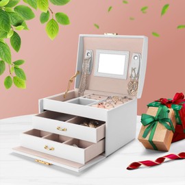 RUINENGDA 3 Layer Jewelry Organizer Box, Jewelry Box with Built-in Mirror, Lockable Travel Jewelry Box with Handle, Gift for Women and Girls (6.8x5.3x4.7Inches)