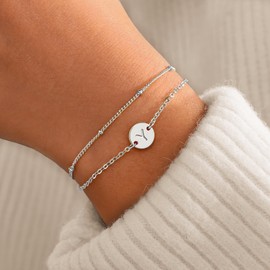 Silver Initial Bracelets for Women Teen Girl Gifts Trendy Stuff 18K Silver Plated Letter Initial Bracelet Dainty Disc Monogram Charm Bracelet Silver Bracelets for Women Girls Gifts(D)
