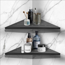 iYueMps Shower Corner Shelf Stainless Steel Corner Shower Caddy Bathroom Corner Shelves Storage Wall Mounted Tiles Recessed for Bathroom, Kitchen,Toilet (Black-2Pcs)