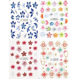 Fspronail Flower Nail Stickers 5D Embossed Blue Pink Flower Stickers for Nails Cherry Blossom Nail Decals Lily Flowers Hibiscus Summer Tropical Nail Design Pegatinas para Uñas 4 Sheet