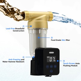 Solimeta Spin Down Sediment Water Filter: 50/100 Micron Precision, Plug - in with Touch - Screen Auto Flushing, Brass Top Clear Housing & Reusable, Plug-in Use Only