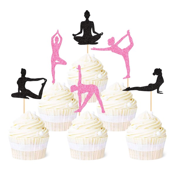 Ercadio - Paquete de 36 adornos para magdalenas de yoga, purpurina negra, para mujer, para yoga, decoración de tartas de yoga, gimnasio, deportes, yoga, temática de cumpleaños, fiesta de cumpleaños, suministros para decoración de pasteles