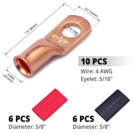 Wirefy 4 Gauge 5/16" Wire Lugs - Copper Cable Lugs - Battery Terminal Connectors - Ring Terminals - Crimp Battery Cable Ends - 22 PCS (10 PCS Copper Lugs + 12 PCS Heat Shrink Tubing)