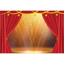 10x8ft Theater Red Stage Backdrop Golden Stage Lights Glitter Photography Background Red Curtains Golden Stars Festival Celebration Happy Birthday Party Children Adults Portraits Photo Studio Props