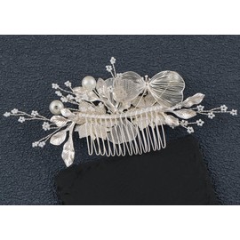Alilang Bridal Wedding Flower Leaves Pearl Butterfly Headpiece Crystal Rhinestone Hair Accessory Hair Side Comb For Women, Silvery